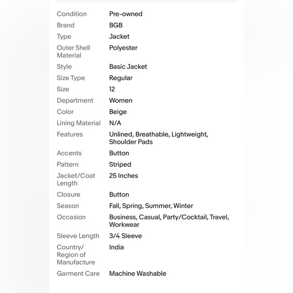 BGB Women’s Beige Striped Unlined Blazer Jacket Size 12. - Picture 10 of 10